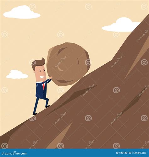 Businessman Pushing Huge Stone Up The Hill Business Problem Crisis