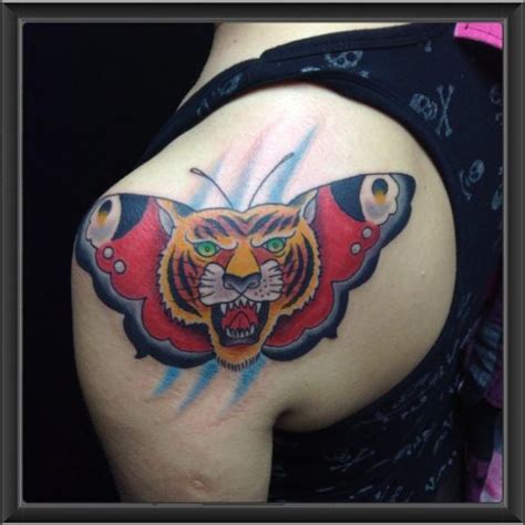 Shoulder New School Butterfly Tiger Tattoo By Indipendent