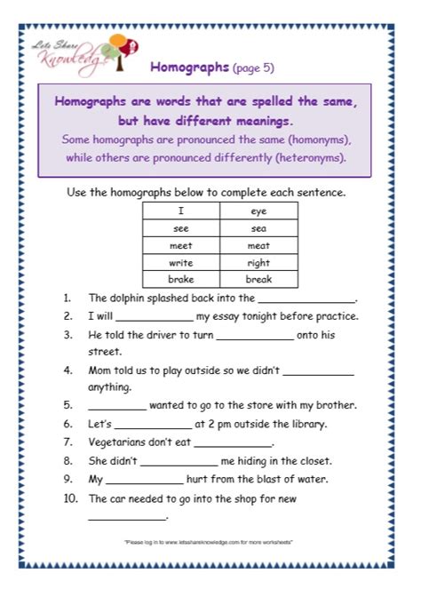 Grade 3 Grammar Topic 25 Homographs Worksheets Lets Share Knowledge