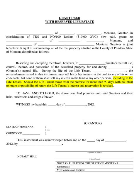 Montana Grant Deed With Reserved Life Estate Download Printable Pdf