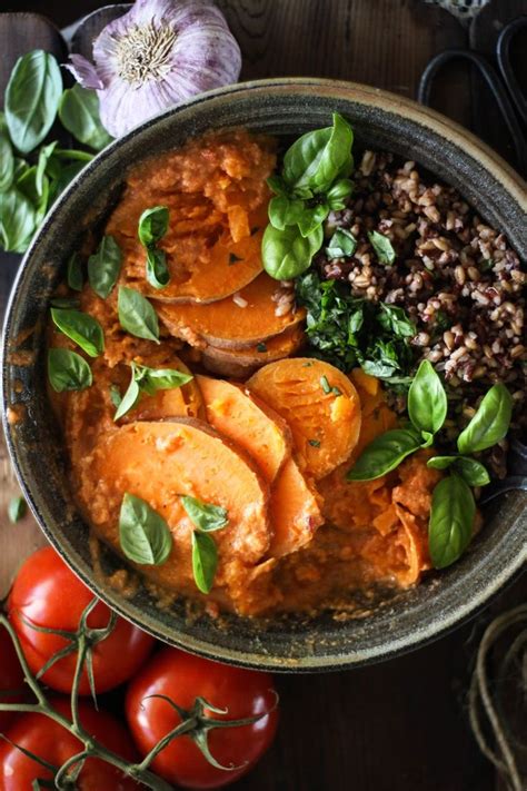 Steamed Sweet Potatoes With Wild Rice Basil Tomato