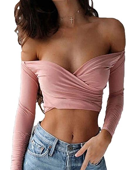 Buy Serios Womens Sexy Off Shoulder Crop Tops Long Sleeve Stretchy Slim Tee Shirts Pink 02 Xl