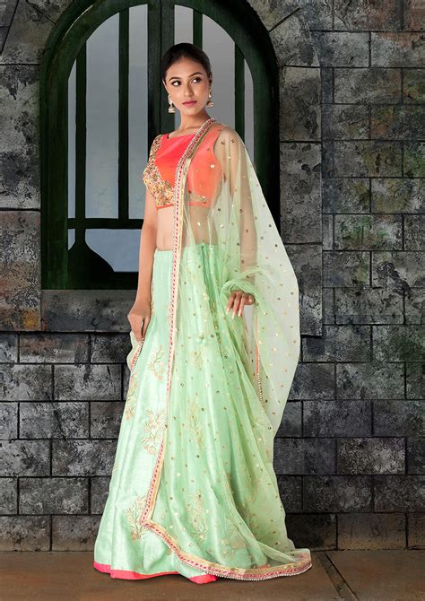 Pink And Mint Green Lehenga Adorn In Zardosi Work On Blouse And