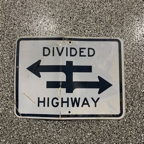 Vintage Divided Highway Begins Ahead Metal Road Sign Aluminum Black Ebay