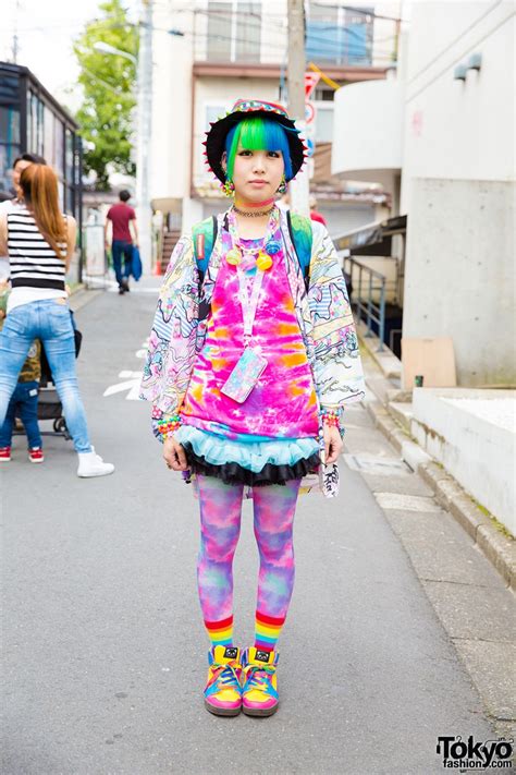 harajuku girl in rainbow fashion and piercings w acdc rag sprayground swimmer japan and claire s