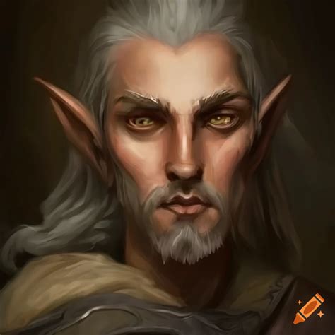 Detailed Art Of A Handsome Half Elf Man With Grey Hair And Beard
