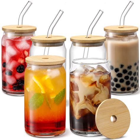 Buy [ 6pcs Set ] Glass Cups With Bamboo Lids And Glass Straw Can Shaped Drinking Glasses 16