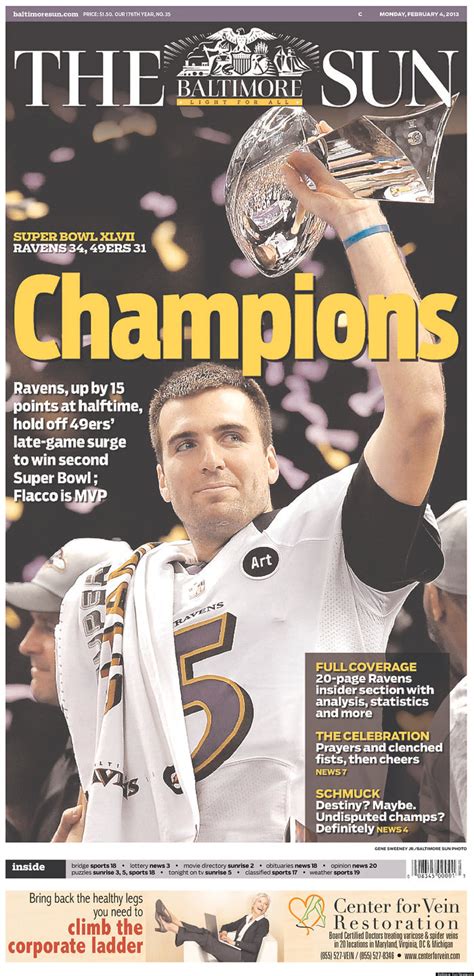 Super Bowl Newspaper Front Pages Lead With Baltimore Ravens Win Photos