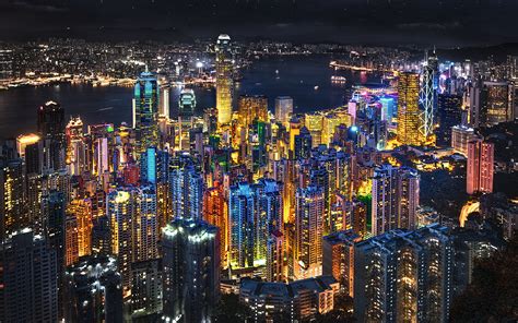 Hong Kong In The Night Lights From The Skyscraper From The Top Of The