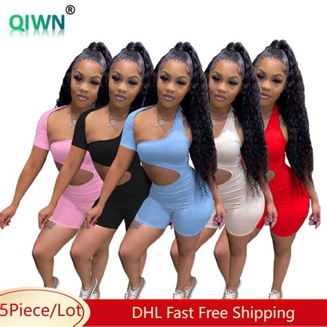 5pcs Bulk Wholesale Sexy Hollow Out Playsuits Women Solid One Shoulder Skinny Rompers Summer