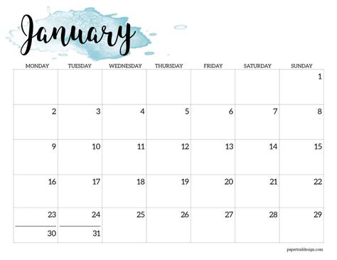 2023 Monday Start Calendar Printable Watercolor Paper Trail Design