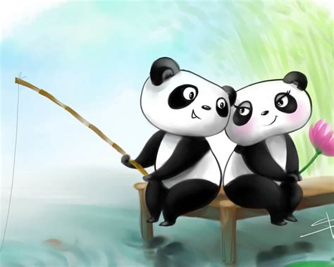 Free Download Animated Fishing Pandas Couple Romantic Hd Photo