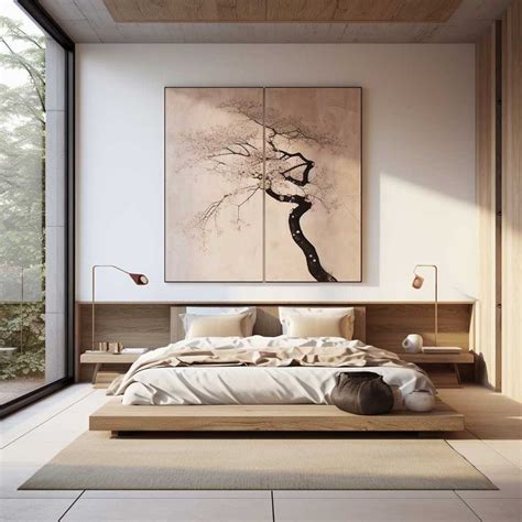 A Bed Sitting Under A Painting On Top Of A Wooden Wall Next To A Window