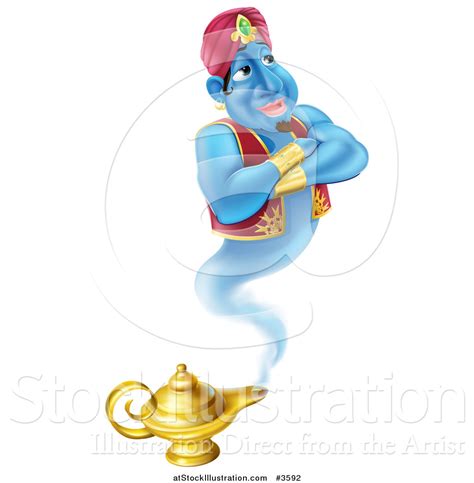 Vector Illustration Of A Happy Genie Emerging From A Magic Lamp By