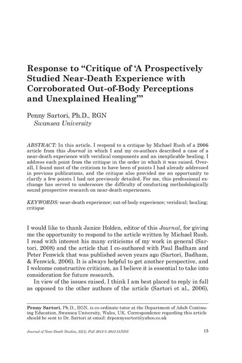 Doug's supplemental essay response has problems—read the response and critique. Response to "Critique of 'A Prospectively Studied Near ...