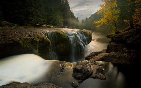 Wallpaper Stones River Stream Falls Autumn Trees Break Evening