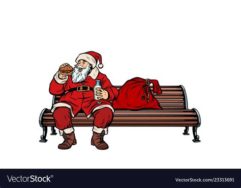 Santa Claus Eats Fast Food Burger Park Bench Vector Image