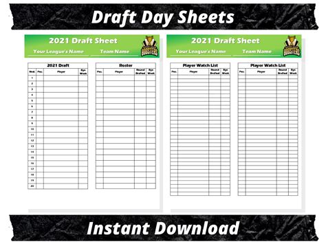 Fantasy Football Draft Day Sheets 2021 Season Microsoft Etsy