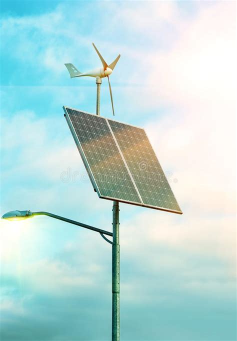 Solar Panel Wind Turbine Under Cloudy Blue Sky Stock Image Image Of