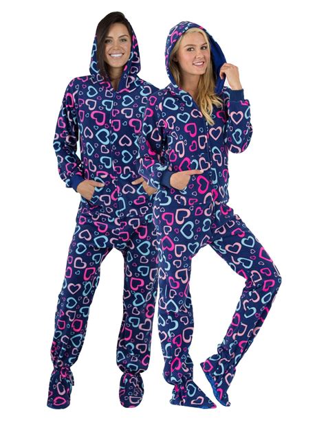 Footed Pajamas Footed Pajamas Hearts Of Love Adult Hoodie Fleece Onesie Adult Small Fits