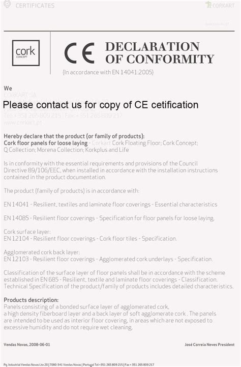 Ce Certificate Declaration Of Conformity Cork Flooring Icork Floor