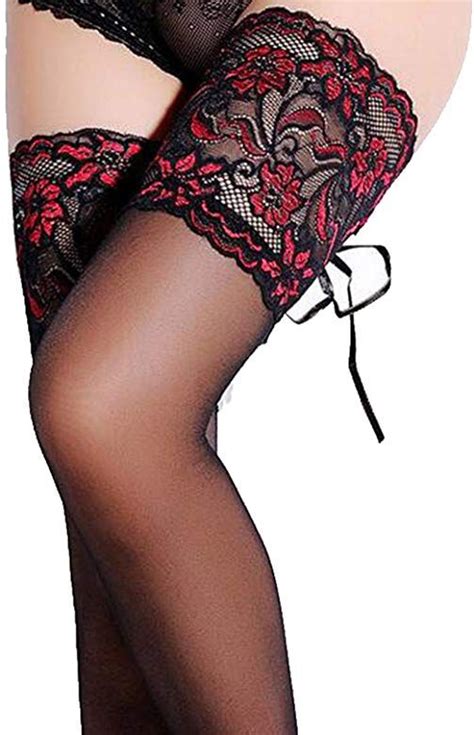 Ci Guo Womens Cuban Heel Thigh High Stockings With Back Seam And Silicone Lace Top Pantyhose