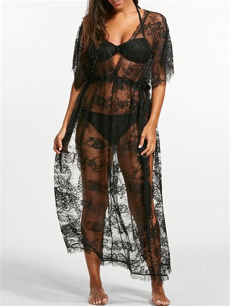 Black One Size Sheer Lace Maxi Cover Up Dress For Beach Rosegal Com