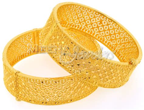 This item is custom made as per your size and it can be made in any size you want. 22Kt Gold Wide Bangles / Karas Pair - BaKa806 - 22 Kt Gold Filigree-Work Karas 2 Pcs. One ...