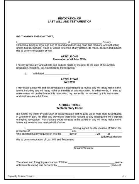 Written Revocation Of Will Oklahoma Form Fill Out And Sign Printable