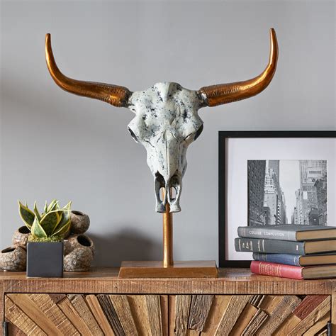 Lowndes Handcrafted Aluminum Bull Skull Decor With Stand Natural White