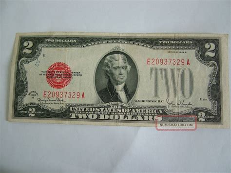 G Two Dollar Red Seal Note Bill Circulated