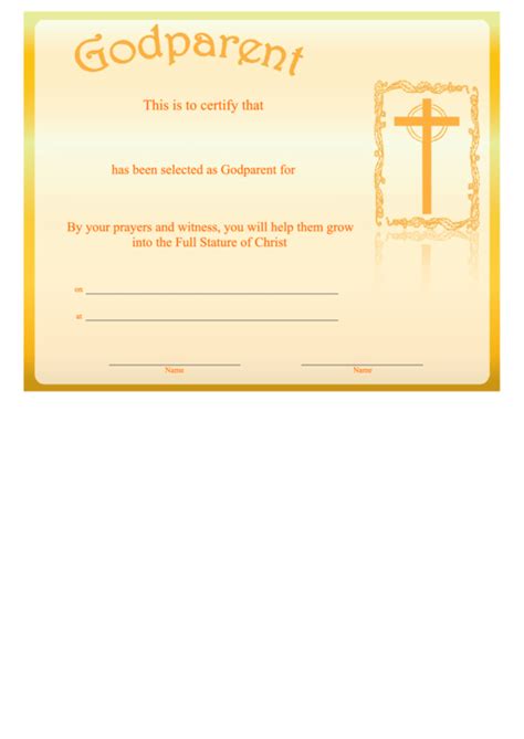 Godparent Certificate Template Golden Cross Printable