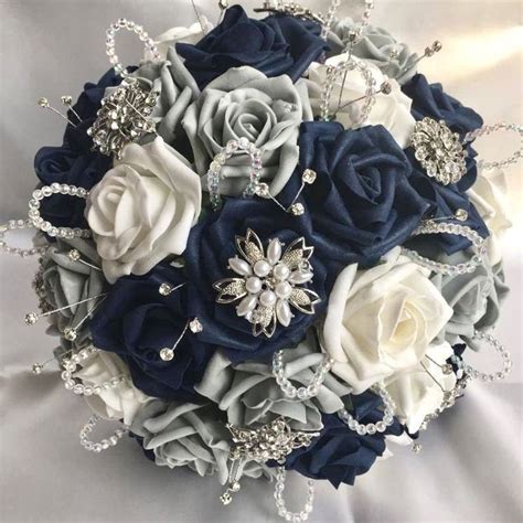 Artificial Wedding Flowers Brides Posy Bouquet With Navy Etsy Boda