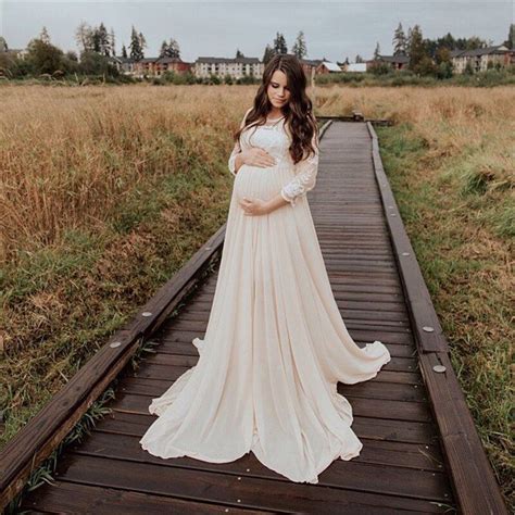 Maternity Photoshoot Dress White Chiffon Crochet Lace Maternity