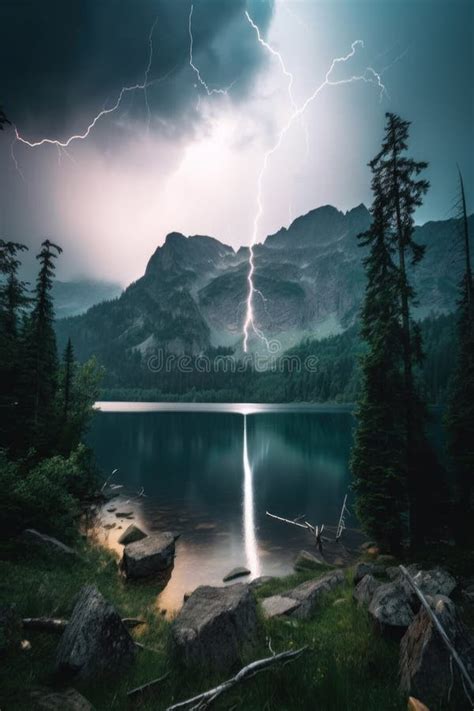 A Lightning Bolt Hitting Over A Mountain Lake Generative Ai Image
