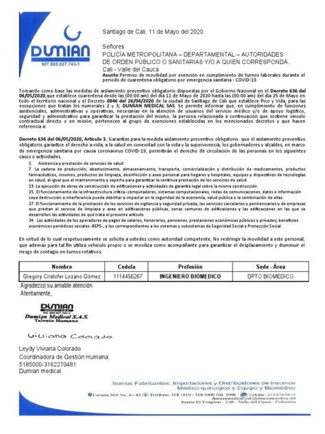 Solicitud De Permiso De Movilidad Para Personal De Dumian Medical