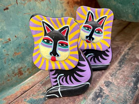 Two Carved Painted Wood Figurines Laurel Burch Cat T For Leo Zodiac