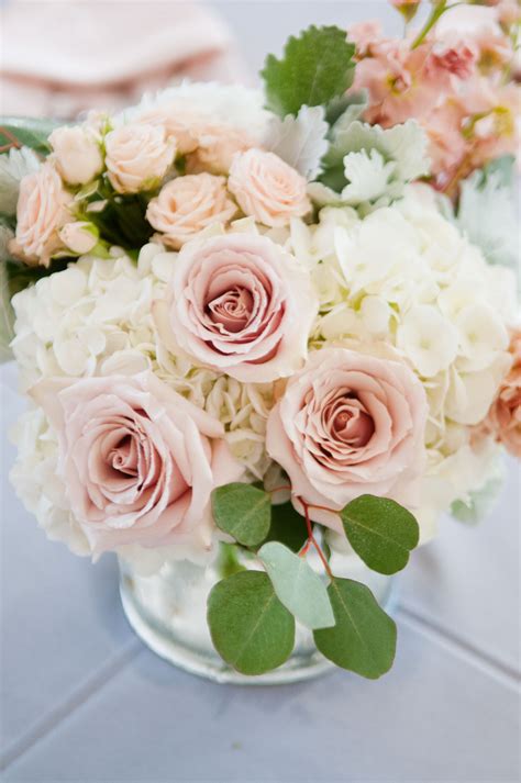 Blush Pink Rose And White Hydrangea Wedding Centerpiece Romantic And