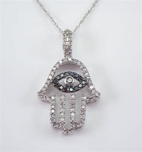 Diamond Hamsa Evil Eye Pendant Necklace 14k White Gold 18 Chain Jewish