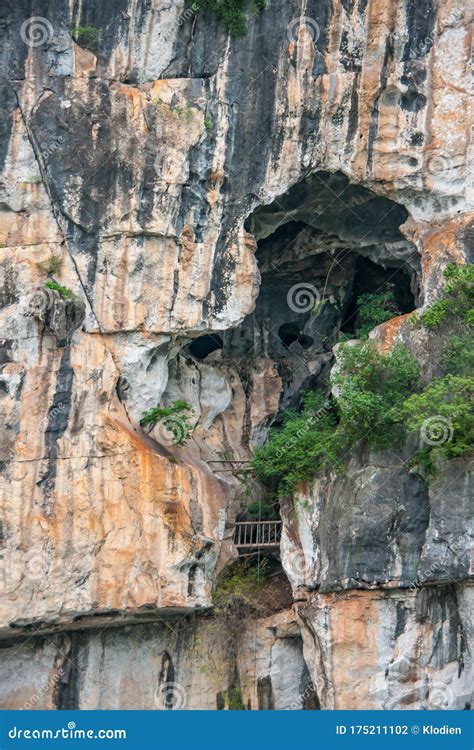Closeup Of Cave Opening High In Cliff Along Li River In Guilin China