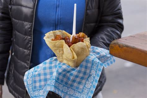 Girl Eating A Bratwurst Sausage Stock Photo Image Of Outside Winter