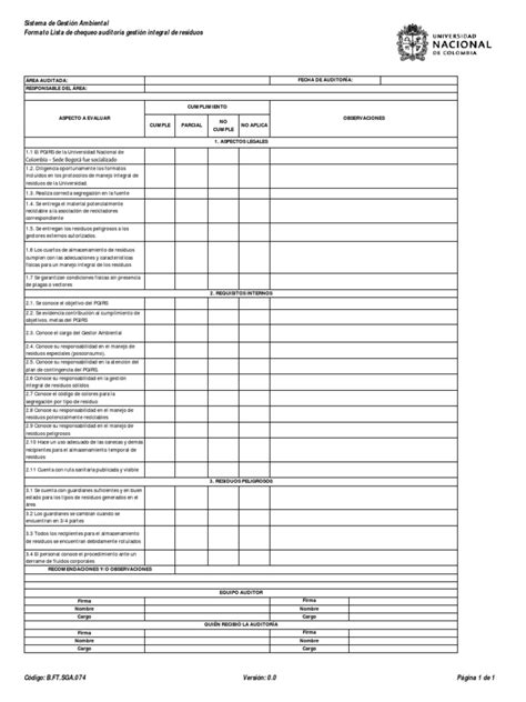 Bft Sga 074 Formato Lista De Chequeo De Auditoría Interna Gestión