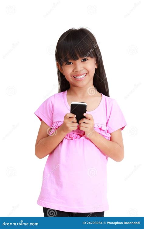 Smiling Little Girl With Mobile Phone Stock Photo Image Of Message