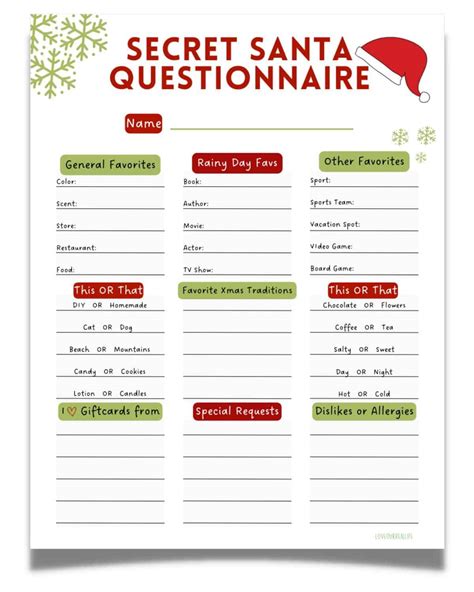 Free Secret Santa Questionnaire Printable Templates