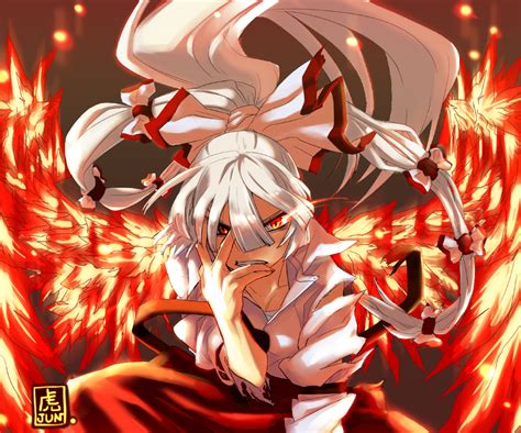 Safebooru Clenched Teeth Fujiwara No Mokou Glowing Glowing Eyes Hand On Own Face Hand To Face