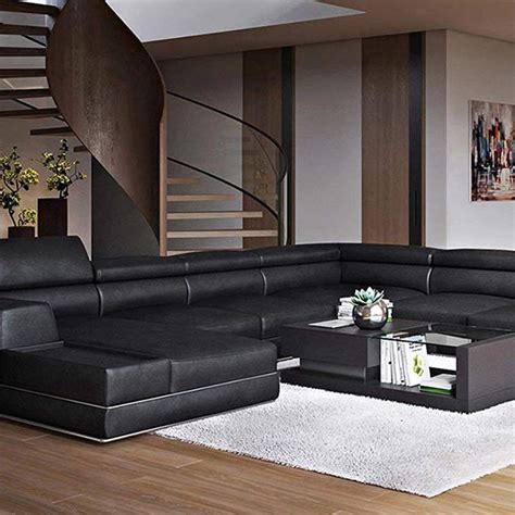 Modern Black Leather Sectional Sofa Living Room Couch Sleek