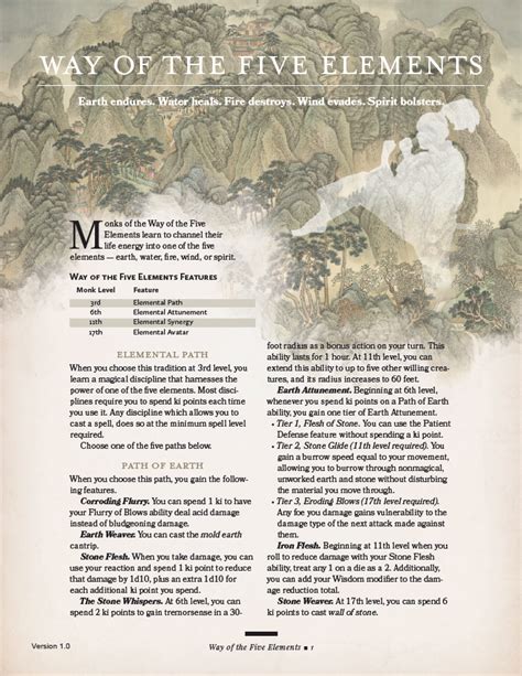 5e Archetype Way Of The Five Elements Monk