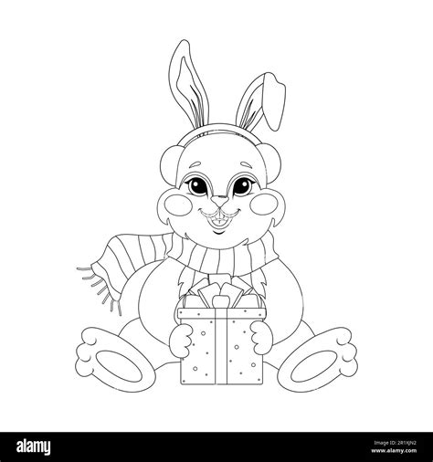 Cute Bunny For Coloring Book Christmas Rabbit With T Box Black And