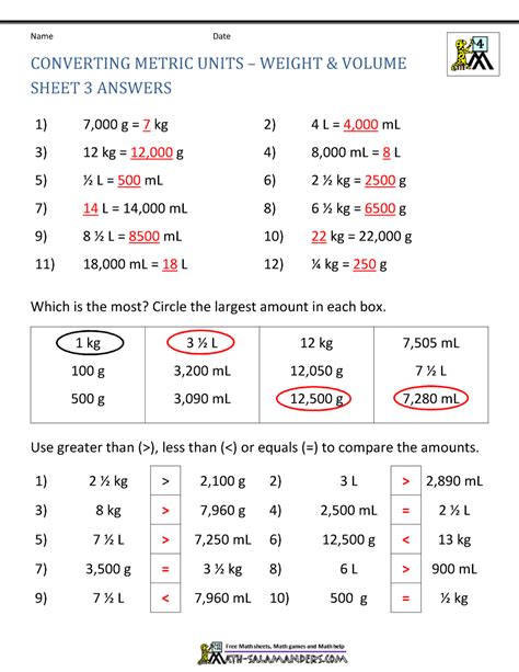 Convert And Compare Different Metric Units Of Weight And Volume Metric