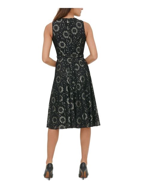 Tommy Hilfiger Womens Black Floral V Neck Midi Fit Flare Dress Size